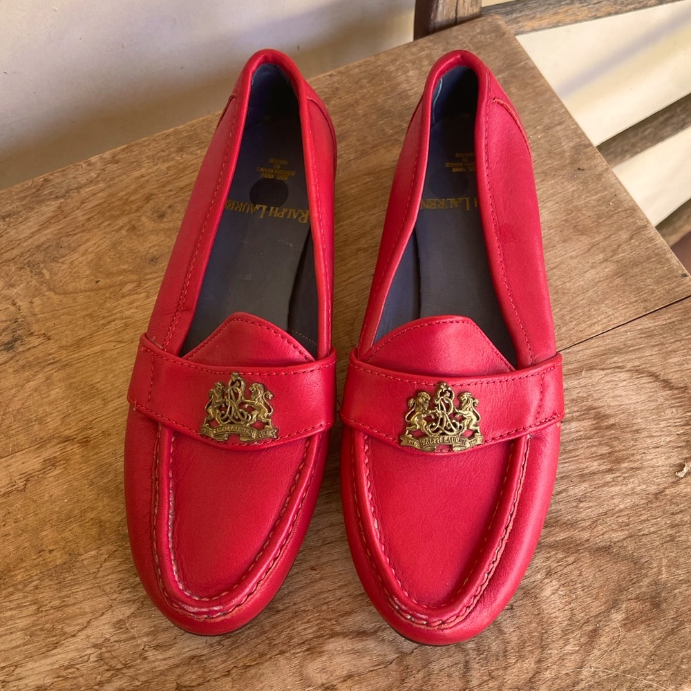 RALPH LAUREN Vtg 80s Red Leather Loafers Crest Bench Made Maine USA 7.5 NEW RARE